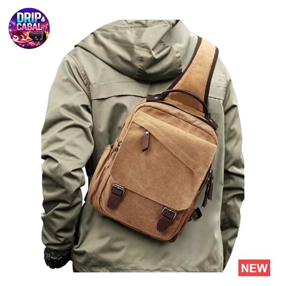 Leaper Retro Canvas Messenger Bag for Men Crossbody Bag  Canvas Messenger Bag with Leather Trim, 11-Pocket Crossbody Sling Backpack